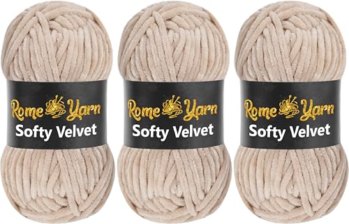 Rome Yarn Softy Velvet Wolle 100g - 120m | Samtgarn Chunky Chenillewolle Babywolle Amigurumi Super Bulky Garn zum Häkeln und Strickwolle Flauschgarn Velvet Garn (3 Knäuel, 943 Hellbeige) von Rome Yarn