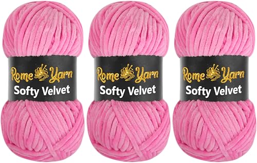 Rome Yarn Softy Velvet Wolle 100g - 120m | Samtgarn Chunky Chenillewolle Babywolle Amigurumi Super Bulky Garn zum Häkeln und Strickwolle Flauschgarn Velvet Garn (3 Knäuel, 948 Dunkelrosa) von Rome Yarn