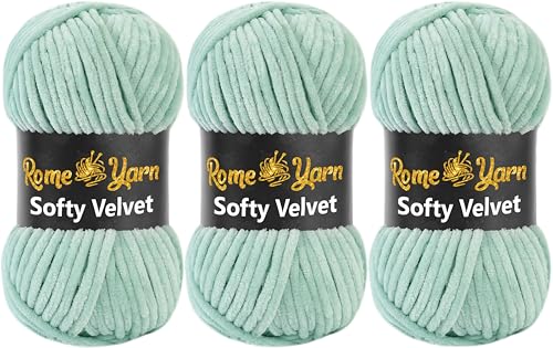 Rome Yarn Softy Velvet Wolle 100g - 120m | Samtgarn Chunky Chenillewolle Babywolle Amigurumi Super Bulky Garn zum Häkeln und Strickwolle Flauschgarn Velvet Garn (3 Knäuel, 951 Minze) von Rome Yarn