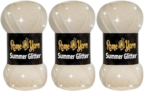 Rome Yarn Summer Glitter | Sommer Glitzer Garn | Seideneffekt | Anti-Pilling Metallic-Wolle | Acrylgarn Simli Wolle | Glitzerwolle (3 Knäuel, 25 Creme) von Rome Yarn