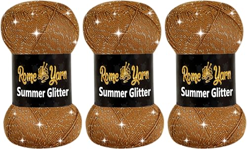 Rome Yarn Summer Glitter | Sommer Glitzer Garn | Seideneffekt | 100g | 340m | 96% Mikrofaser, 4% Metallisches Polyester | Acrylgarn | Anti-Pilling | Handstrickgarn (3, 840 Dark Brown) von Rome Yarn