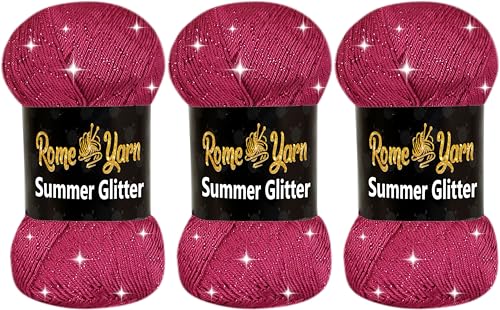 Rome Yarn Summer Glitter | Sommer Glitzer Garn | Seideneffekt | Anti-Pilling Metallic-Wolle | Acrylgarn Simli Wolle | Glitzerwolle (3 Knäuel, 747 Dunkle Pflaume) von Rome Yarn