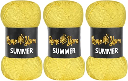 Rome Yarn Summer | Sommergarn | #2 Fein, 4 Ply (UK), Sport (USA) | Seideneffekt | 100% Mikrofaser | Anti-Pilling Acrylgarn Wolle (3 Knäuel, 323 Gelb) von Rome Yarn