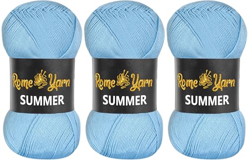 Rome Yarn Summer | Sommergarn | #2 Fein, 4 Ply (UK), Sport (USA) | Seideneffekt | 100% Mikrofaser | Anti-Pilling Acrylgarn Wolle (3 Knäuel, 537 Hellblau) von Rome Yarn