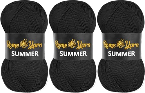 Rome Yarn Summer | Sommergarn | #2 Fein, 4 Ply (UK), Sport (USA) | Seideneffekt | 100% Mikrofaser | Anti-Pilling Acrylgarn Wolle (3 Knäuel, 940 Schwarz) von Rome Yarn