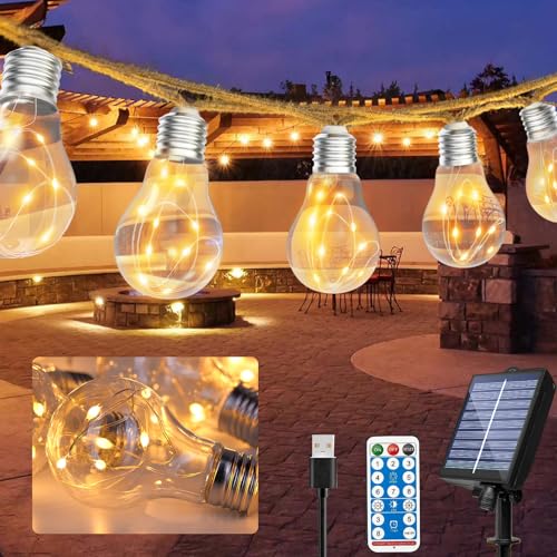 Romwish Solar Lichterkette Aussen, 9M Lichterkette Außen Solar Mit 20LED, 8 Modi, 4 Helligkeit Lichterkette Glühbirnen für Gärten, Party, Balkon, Hochzeit, Outdoor (USB-/Solar-Lademethode) von Romwish