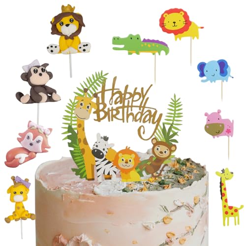 Rongxze 12 Stück Waldtiere Cake Topper, Tortendeko Geburtstag, Wald Tiere Happy Birthday Kuchendeko für Junge Mädchen Kindergeburtstag Cake Zoo Dschungel Tortendeko von Rongxze