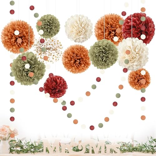 Rongxze 15 Stück Seidenpapier Pompons Deko, Herbst Party Dekorationen mit Pom Poms, Pompom Girlande Orange Salbei Grün Tissue Papier Pom Poms für Brautparty, Gartenparty Dekoration von Rongxze