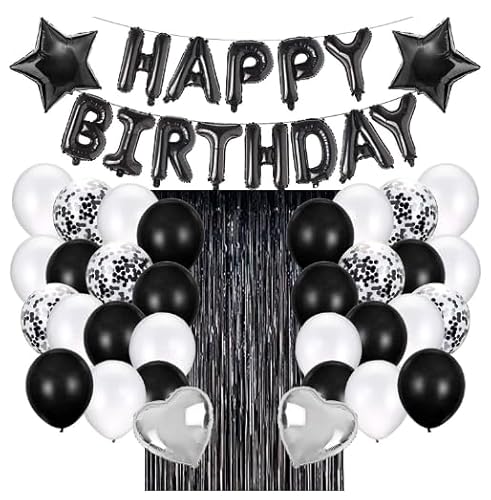 Rongxze 36Pcs Geburtstag Party Dekoration, Schwarz Weiß Happy Birthday Banner Set, Folie Ballon Fringe Hintergrund für Party Dekoration von Rongxze