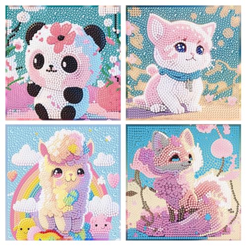 Rongxze 4 Stück Diamond Painting, DIY 5D Diamond Painting Kinder Tiere Set, Full Zubehör Diamant Painting DIY Mosaikherstellung Basteln für Kinder und Erwachsene Geschenk Home Wand Decor (15x15cm) von Rongxze