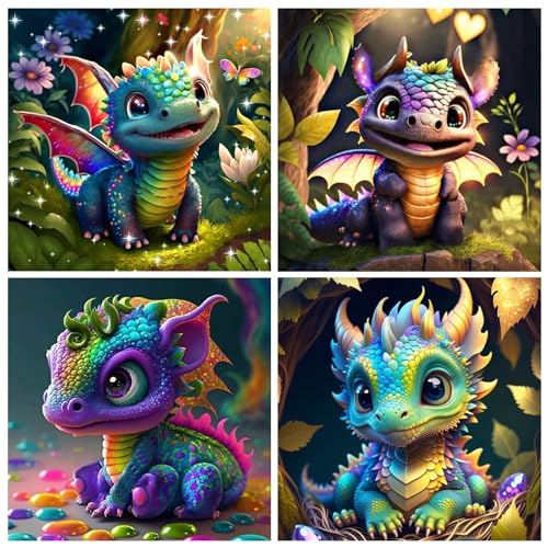 Rongxze 4 Stück Diamond Painting Drachen Erwachsene, DIY Diamond Painting Bilder, 5D Drache Diamant Painting Set für Kinder und Erwachsene Anfänger Geschenk Zuhause Wanddekoration 30x30cm (Art déco) von Rongxze