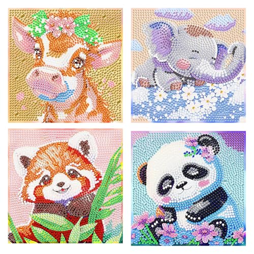 Rongxze 4 Stücke Diamant Painting Kinder, Full Diamond Painting Bilder Kinder Tiere Set, DIY Diamant Painting Bilder mit Diamond Painting Zubehör für Home Wand Decor, Kindergeschenke 17x17cm von Rongxze