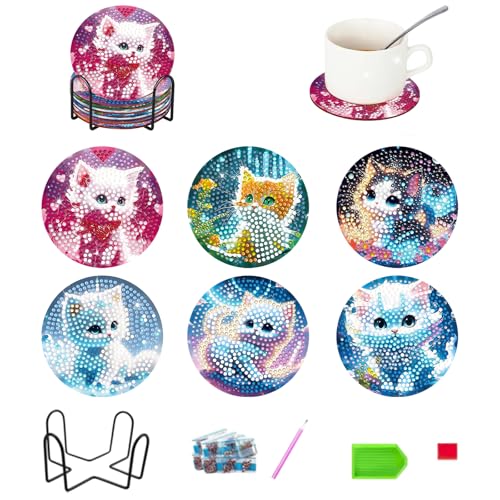 Rongxze 6 Stück Diamond Painting Untersetzer mit Halter, 5D Diamant Painting Katze mit Kork, DIY Diamant Malerei Kinder Erwachsene für Tassen Getränke Untersetzer Vasen Heimküche Geschenk von Rongxze