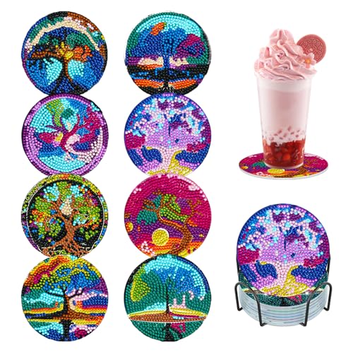 Rongxze 8 Stück Diamond Painting Untersetzer mit Halter, Lebensbaum Diamant Malerei Untersetzer, Rund Magischer Baum Diamant Painting Bilder Untersetzer für Tassen Erwachsene Kinder (10cm) von Rongxze