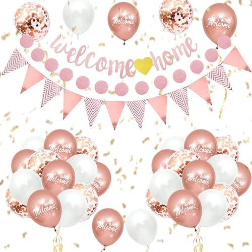 Rongxze Willkommen Zuhause Deko, 24 Stück Welcome Home Dekorationen mit Welcome Home Banner, Wimpel Banner, Rosegold Luftballons, Willkommen Home Girlande für Einweihungsparty, Babyshower, Fest Deko von Rongxze