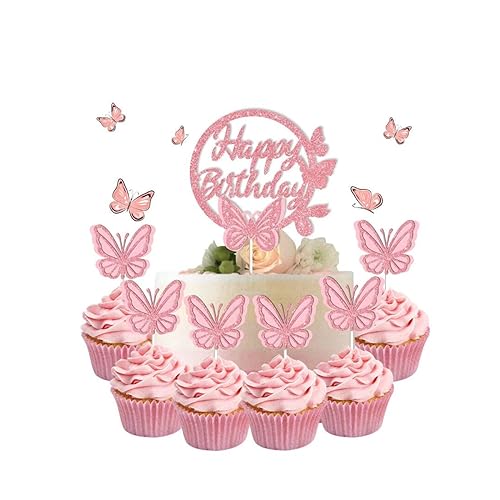 11 Stück Schmetterlinge Deko Torte,Schmetterlinge Tortendeko Kuchendeko Geburtstag Cake Topper Glitter Happy Birthday Kuchendeckel Schmetterling Deko Geburtstag für Cupcake Kuchen Dessert von Ronoza