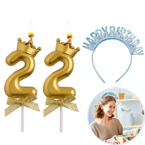 Ronoza® 3D Goldfarben Geburtstagskerzen Zahlen 22, Glitzer Kerzen Geburtstag, Geburtstagskerzen für Torte, Kerze 22, Kerzen Zahlen, Tortendeko Geburtstag mit Krone (mit Blaue Geburtstagskroner) von Ronoza