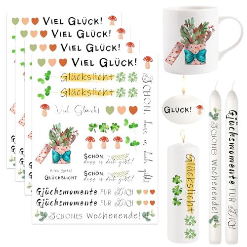 Ronoza® 4 Stück Kerzentattoos Glückslicht, Wasserschiebefolie Kerzen, Kerzenfolie, Kerzensticker, DIY Geschenk, Kerzentattoo, Kerzenaufkleber, Kerzen aufkleber, Kerzen Tattoo (Glückslicht F) von Ronoza