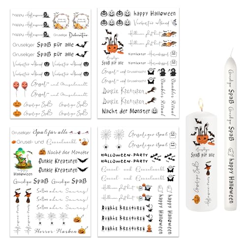 Ronoza® 4 Stück Kerzentattoos Halloween, Wasserschiebefolie Kerzen, Kerzenfolie, Kerzentatoo, DIY Geschenk, Kerzentattoo, Deko Herbst, Kerzen aufkleber, Kerzen Tattoo (Halloween Deko B) von Ronoza