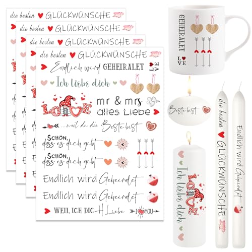 Ronoza® Kerzentattoos Hochzeit, 4 Stück Kerzentattoo, Kerzenfolie, Kerzenaufkleber, Kerzen Tattoo Hochzeit, Wasserschiebefolie Kerzen, DIY Geschenk, Kerzensticker, Kerzentatoo (Hochzeit D) von Ronoza