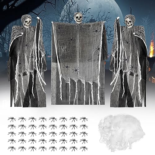 3 Stück Halloween Deko Hängend Hexe Skelett Geister de 38.1in,100G Spinnweben Deko Halloween Spinnen Netz Dekoration Mit 40Pcs Schwarze Spinne,Halloween Garten Party Outdoor Spukhaus Dekoration von Ronronner