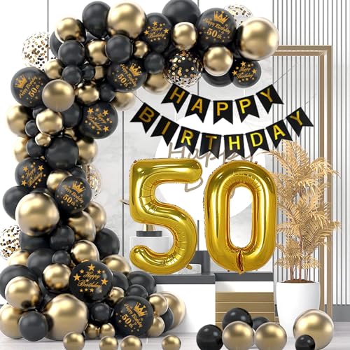 50 Geburtstag Deko, 50. Geburtstag Männer Frau, Geburtstagsdeko 50, Happy Birthday Girlande Ballon Schwarz Gold Deko, Birthday Party Decorations, Deko 50. Geburtstag Konfetti Luftballons von Ronsvmas
