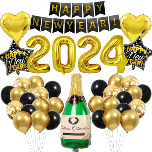 Ronsvmas Silvester Deko 2024 Silvester Luftballons, Happy New Year Deko mit schwarz-glänzendem Banner und 2 schwarzen Sternen, 22 Latexballons, Schwarz und Gold. von Ronsvmas