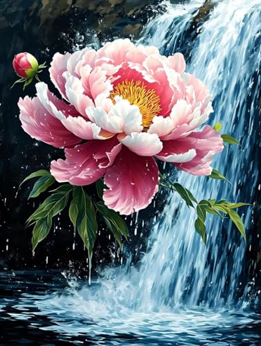 5D Diamond Painting Pfingstrose Wasserfall Diamant Painting Bilder Kinder, Diamond Painting Erwachsene, DIY Eckige Vollbohrer Diamanten Malerei Stickerei Set, Weihnachten Home Wand Dekor 10x15cm R3878 von Roogsoo