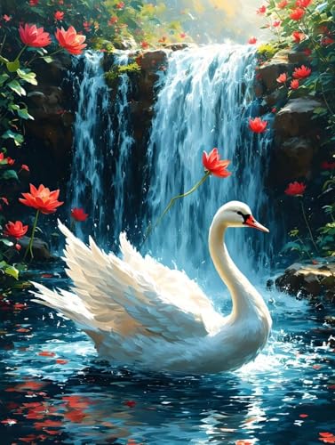 5D Diamond Painting Wasserfall Schwan Diamant Painting Bilder Kinder, Diamond Painting Erwachsene, DIY Eckige Vollbohrer Diamanten Malerei Stickerei Set, Geschenke Home Wand Dekor 10x15cm R-4154 von Roogsoo