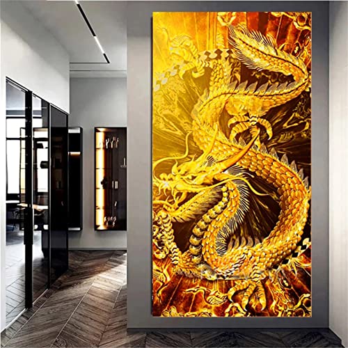 Diamond Painting goldener Drache 5D Diamant Painting Voll Set mit Diamond Painting Zubehör,60x120cm Leinwand Groß Bilder Malen Nach Zahlen Erwachsene Kinder Geschenk für Deko Wohnzimmer Schlafzimmer von Roogsoo