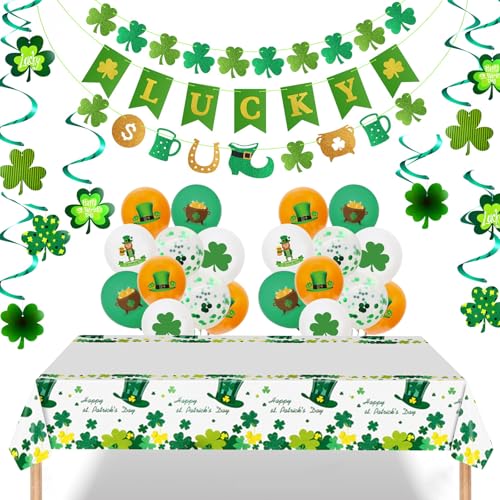 St. Patrick's Day Dekorationen – 40 Stück irische Partygeschenke, Glücksbanner, Kleeblatt hängende Wirbel, St. Patrick's Day Luftballons, Tischdecke, Ornamente für drinnen und draußen, St. Patrick's von Roontin