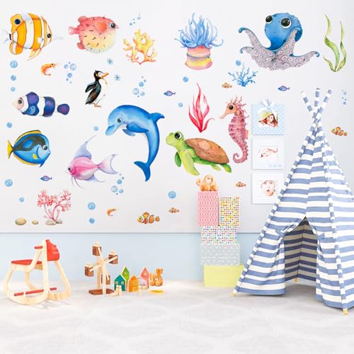 Wandtattoo kinderzimmer - Unterwasserwelt Wandsticker Unter dem Meer Fisch Wandaufkleber Delphin Meeresschildkröte Seetang Wandsticker Kinderzimmer Babyzimmer Badezimmer Wanddeko von Roontin