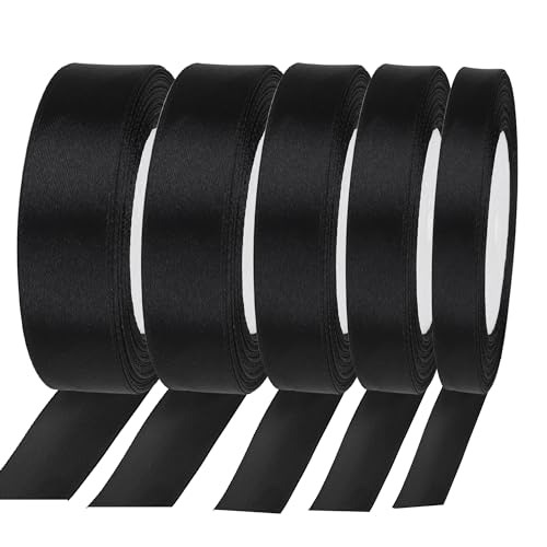 Roosea Geschenkband Schwarz 5 Rollen x 22m Schwarzes Band Dekoband Schwarz Fein Schleifenban Schwarzes Schleifenband Satinband Schwarz 6mm 10mm 15mm 20mm 25mm für Geburtstag Deko Geschenkverpackung von Roosea