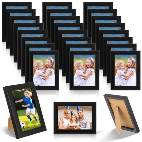 Roowest 24er Set Bilderrahmen Bulk Holz Fotorahmen mit Acrylplatte kleine Bilderrahmen mit unsichtbarem Nagel und S-Haken für Wand Tischplatte Display (8,9 x 12,7 cm, Schwarz) von Roowest