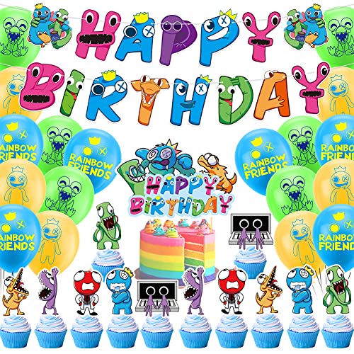 Rainbow Birthday Party Decorations, 32PCS Friends Birthday Party Decorations Supplies Horror Theme Party Supplies with Happy Birthday Banner Cake Toppers Latex Balloons Hanging Party Decoration von Ropniik