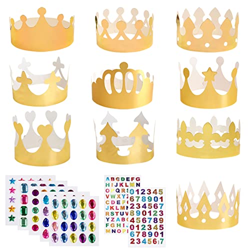 Ropniik Kronen Golden Papierkronen für Kinder, 10 Stile Geburtstagskrone Verstellbarer Papier Partyhüte zum Geburtstag, DIY Party Kronenhut Set für Party Feierlichkeiten von Ropniik