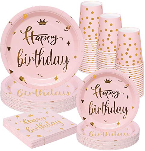 Rorchio Pappteller Kindergeburtstag Mädchen für 24 Gäste, Happy Birthday Partygeschirr Kindergeburstag Rosa Pappteller Servietten Set für Maedchen Kindergeburtstag von Rorchio