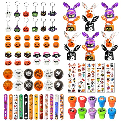 Rosedreamer Halloween Mitgebsel Kinder 92 Stück Halloween Geschenke Party mit Halloween Tütchen,Stempel , Ballon,schnapparmband kinder,Ring, Radiergummi,Schlüsselanhänger und Temporäre Tattoo von Rosedreamer