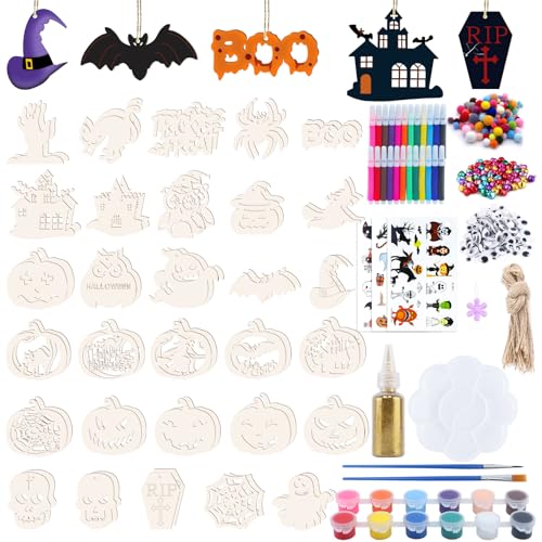 294 Stück Halloween Basteln Holz, Holzanhänger zum Bemalen Halloween Basteln Kinder, DIY Halloween Deko Basteln Fledermaus Hexe Spinne Anhänger Set mit Aquarellstift, Schnur, Pinsel Pigmente Palette von Roselee