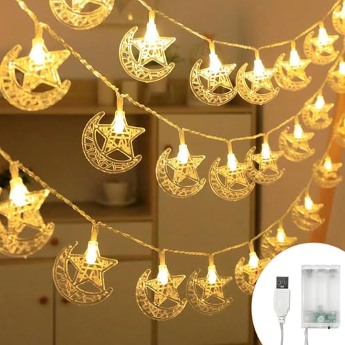 Roselee Ramadan Lichterkette 6m 40LEDs Lichterkette Innen Batterie Stern Mond mit Timer Ramadan Lichterkette USB für Islam Deko Eid Mubarak Dekoration Festival Party Ramadan Deko Licht von Roselee