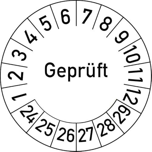 Geprüft Prüfplakette, 100 Stück, in verschiedenen Farben und Größen, Prüfetikett Prüfsiegel Plakette (20 mm Ø, Weiß) von Rosenbaum Offsetdruck