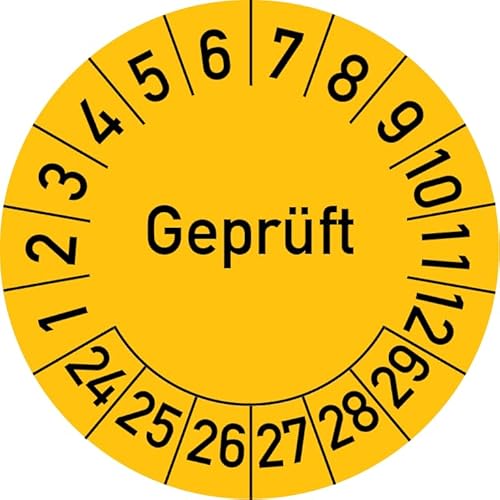 Geprüft Prüfplakette, 100 Stück, in verschiedenen Farben und Größen, Prüfetikett Prüfsiegel Plakette (25 mm Ø, Gelb) von Rosenbaum Offsetdruck