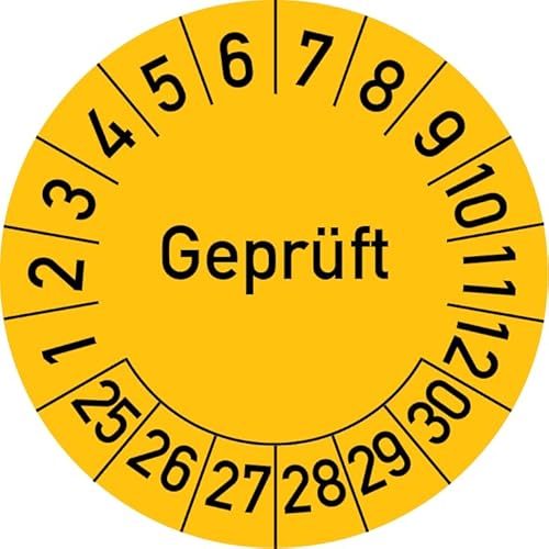 Geprüft Prüfplakette, 100 Stück, in verschiedenen Farben und Größen, Prüfetikett Prüfsiegel Plakette (30 mm Ø, Gelb) von Rosenbaum Offsetdruck