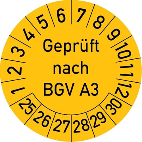 Geprüft nach BGV A3 Prüfplakette, 250 Stück, in verschiedenen Farben und Größen, Prüfetikett Prüfsiegel Plakette (20 mm Ø, Gelb) von Rosenbaum Offsetdruck