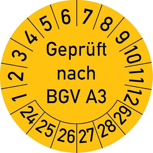 Geprüft nach BGV A3 Prüfplakette, 250 Stück, in verschiedenen Farben und Größen, Prüfetikett Prüfsiegel Plakette (25 mm Ø, Gelb) von Rosenbaum Offsetdruck