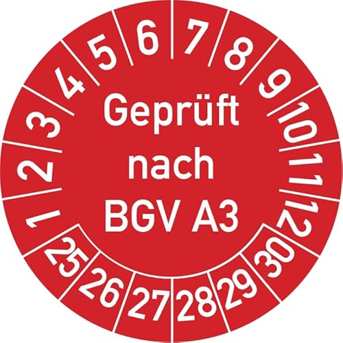 Geprüft nach BGV A3 Prüfplakette, 250 Stück, in verschiedenen Farben und Größen, Prüfetikett Prüfsiegel Plakette (25 mm Ø, Rot) von Rosenbaum Offsetdruck