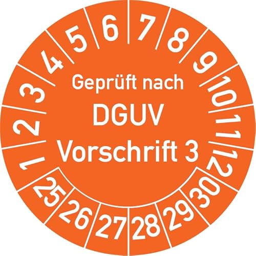 Geprüft nach DGUV Vorschrift 3 Prüfplakette, 100 Stück, in verschiedenen Farben und Größen, Prüfetikett Prüfsiegel Plakette DGUV V3 (25 mm Ø, Orange) von Rosenbaum Offsetdruck