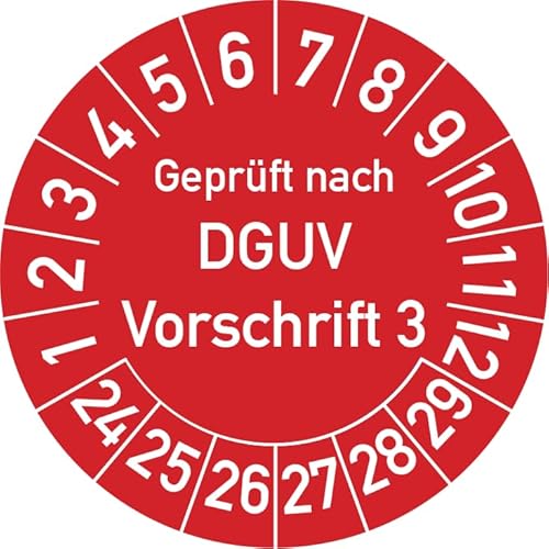 Geprüft nach DGUV Vorschrift 3 Prüfplakette, 500 Stück, in verschiedenen Farben und Größen, Prüfetikett Prüfsiegel Plakette DGUV V3 (25 mm Ø, Rot) von Rosenbaum Offsetdruck