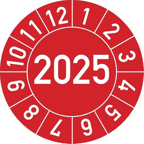 Jahresprüfplakette 2025 in verschiedenen Farben und Größen, 100 Stück, Prüfetikett Prüfplakette Jahresplakette (25 mm Ø, Rot) von Rosenbaum Offsetdruck