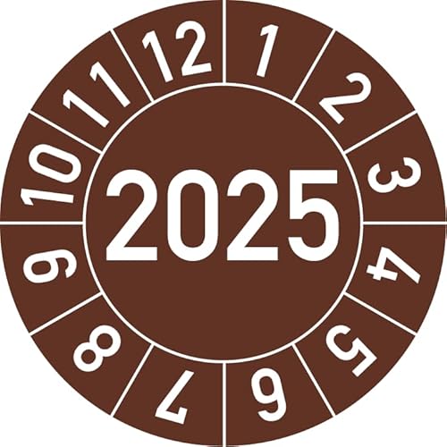 Jahresprüfplakette 2025 in verschiedenen Farben und Größen, 100 Stück, Prüfetikett Prüfplakette Jahresplakette (25 mm Ø, Braun) von Rosenbaum Offsetdruck
